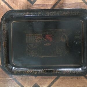 Vintage Antique Black Metal Serving Tray with Floral chin soiree Design
